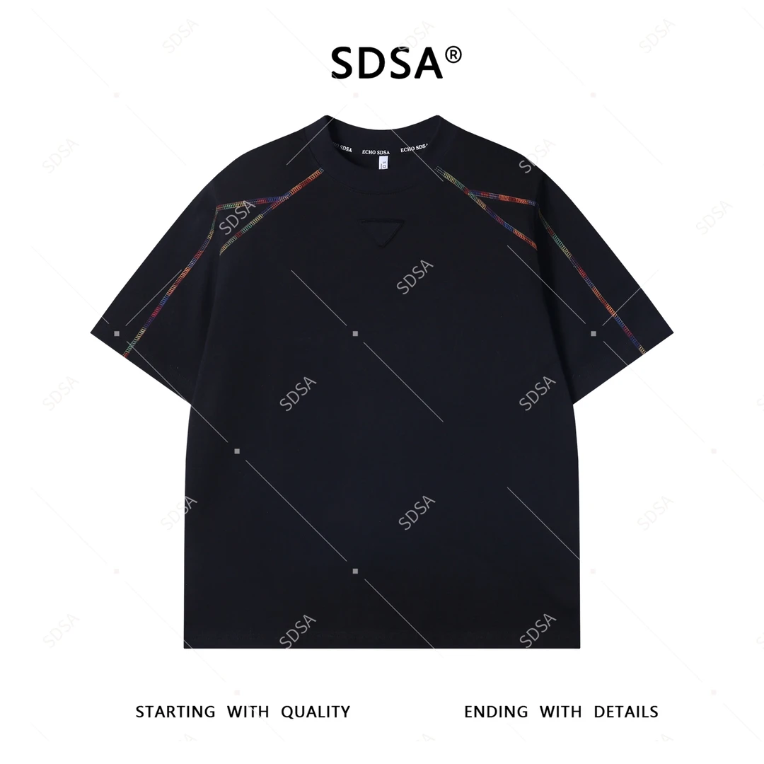 夏季高级感新款男士彩色缝线倒三角设计短袖T恤时尚宽松圆领上衣