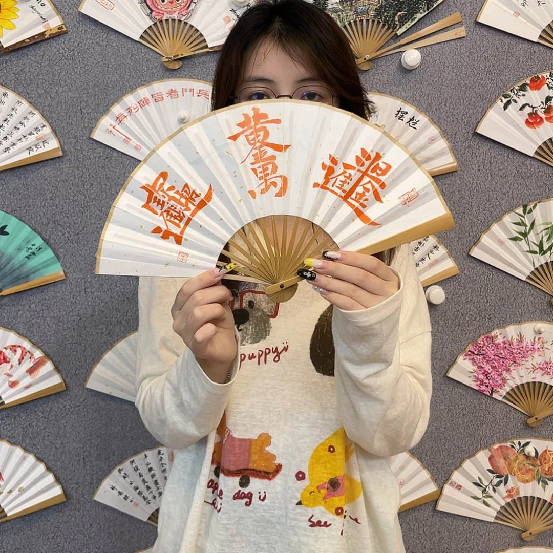 书法6寸玉竹-纯手绘-文玩扇骨（默认粘好）