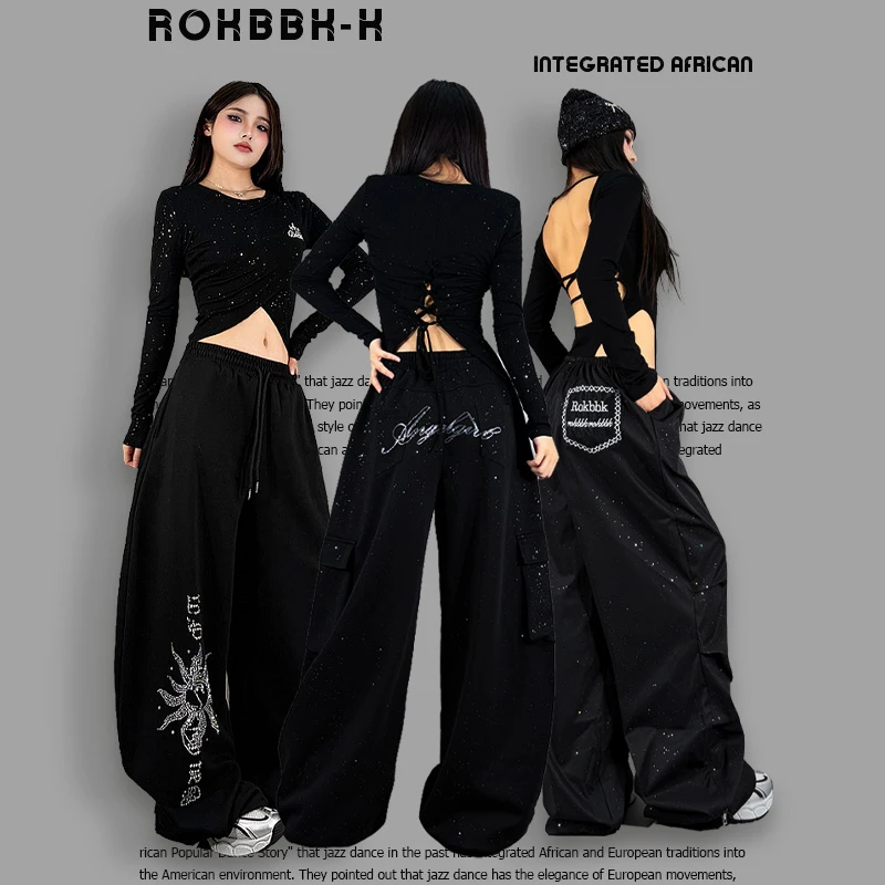 ROKBBK－K/布韩美式嘻哈风黑色宽松阔腿裤女休闲裤