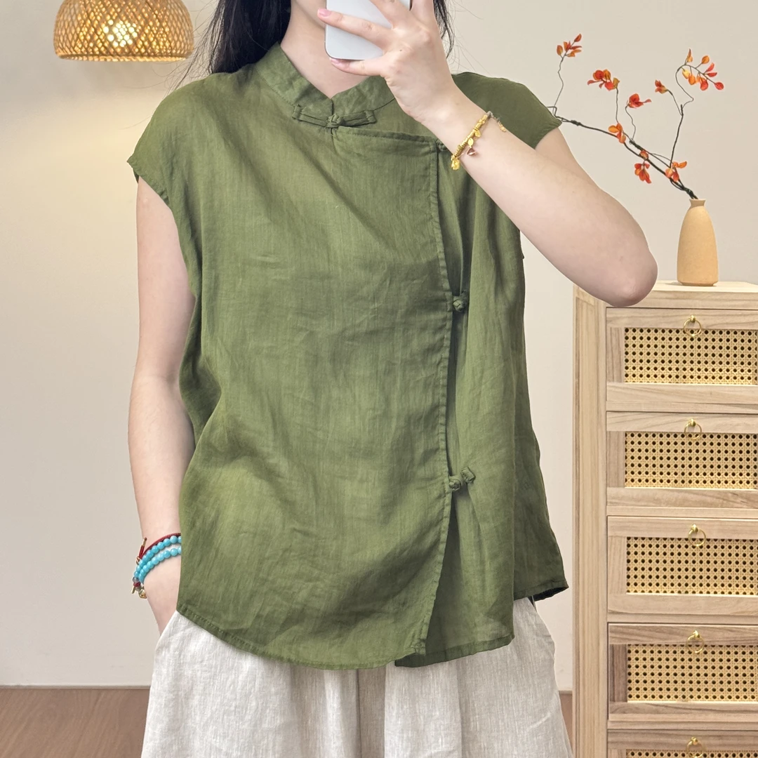 夏季新款文艺复古纯色净版手工盘扣百搭苎麻小衫女