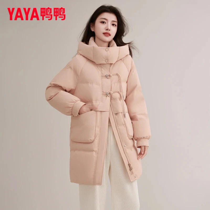 鸭鸭中长款羽绒服女时尚气质盘扣简约减龄外套YE4B604485L
