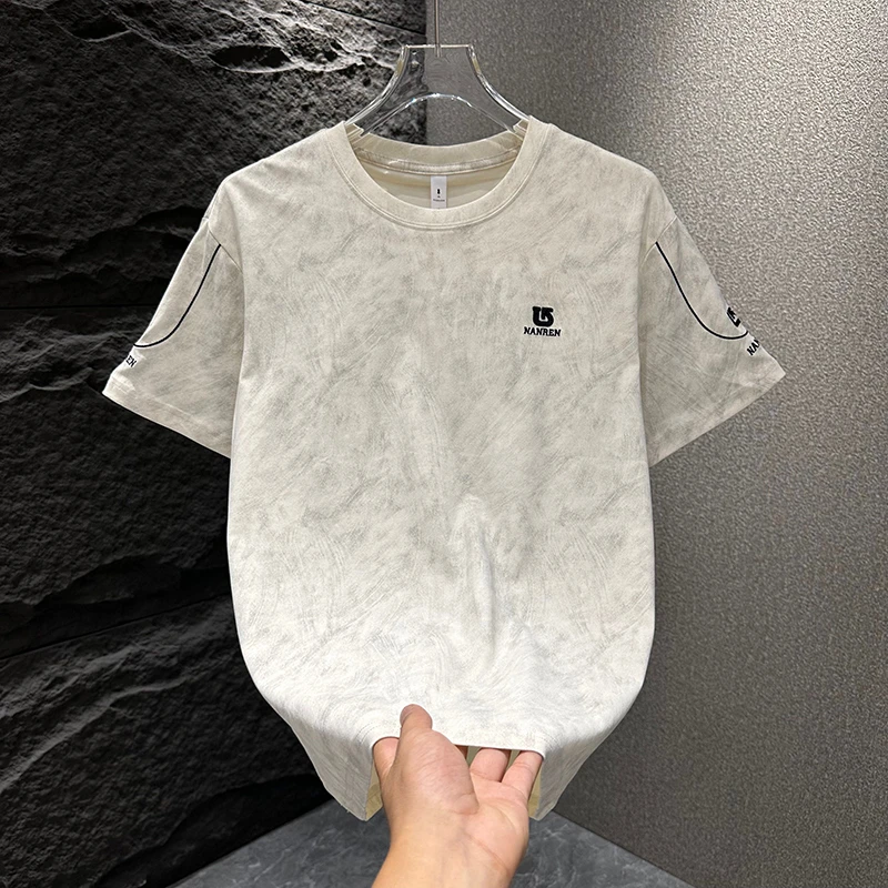 夏季新款潮流刺绣扎染休闲T恤男士宽松圆领半袖体恤衫痞帅百搭t恤