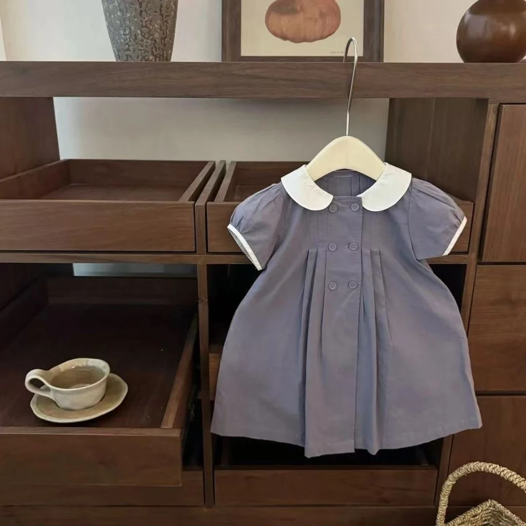 夏季学院风可爱女童纯色公主裙薄款娃娃领短袖连衣裙子洋气儿童装