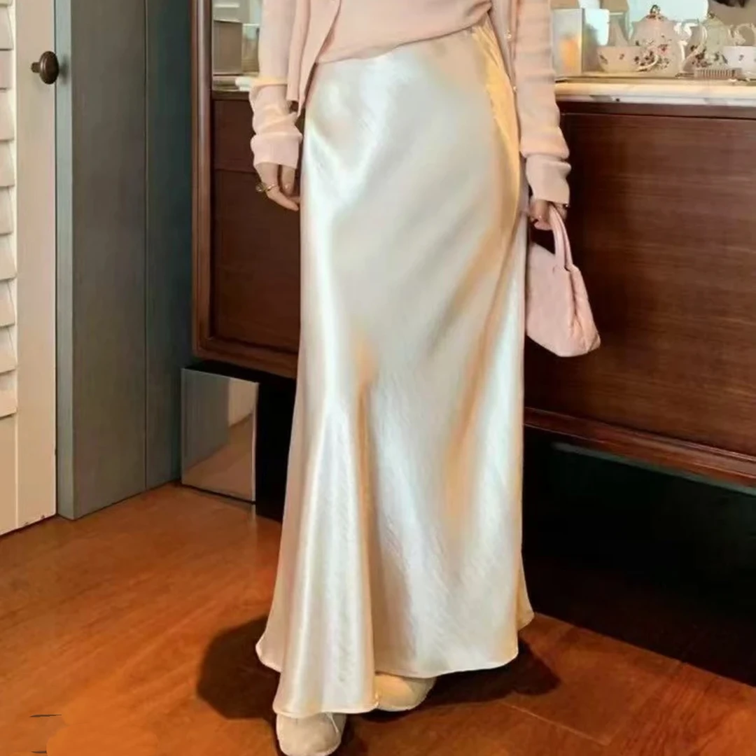 2025新中式鎏金缎面显瘦松紧高腰显瘦包臀鱼尾裙