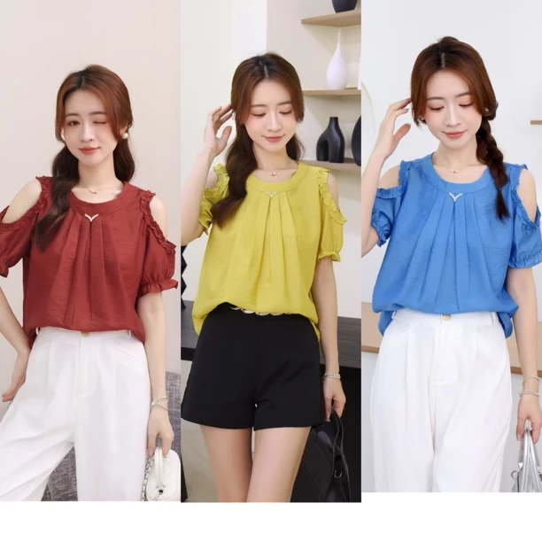 夏季冰感露肩遮肚显瘦百搭衬衣9526