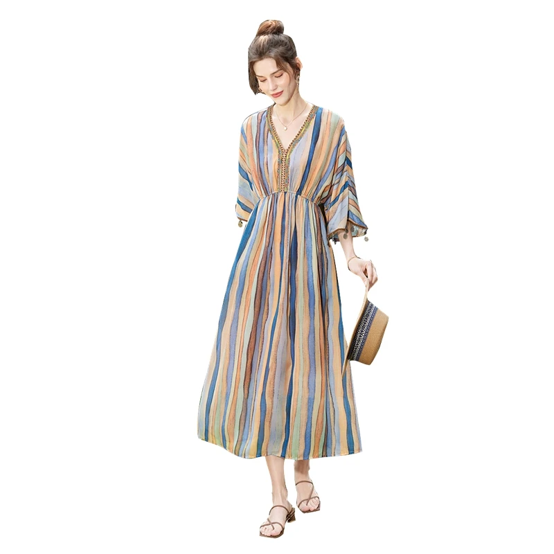 她池2025春装新款女装文艺休闲中长款V气质领连衣裙T51B0019LB