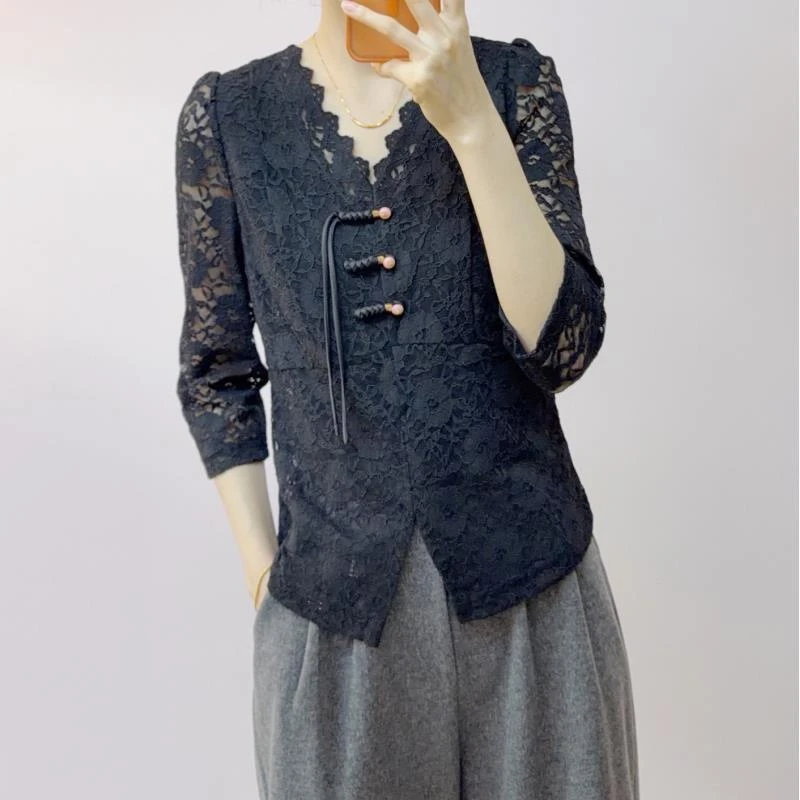 105气质洋气蕾丝盘扣长袖套头七分袖小衫S510/GJ