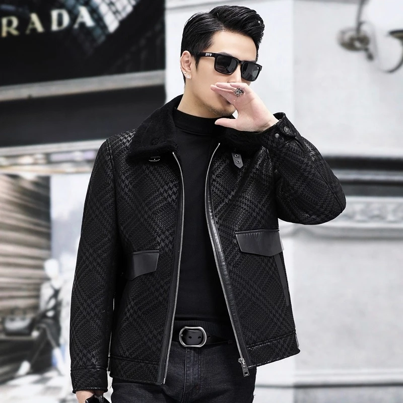 BALEYSWO皮衣男士厚款机车夹克冬季款痞帅短款皮毛一体羊羔毛外套