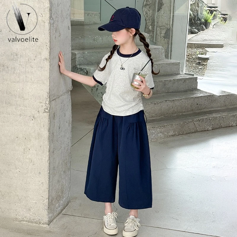 VALVOELITE女童夏季套装夏装新款时髦女孩百搭短袖休闲阔腿七分裤