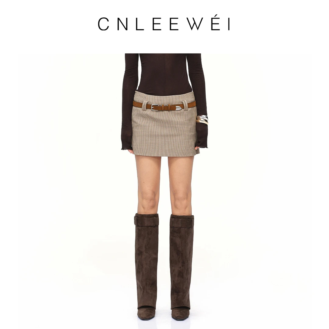 CNLEEWEI 2025年秋季新款可拆皮带经典千鸟格纹超短裙女