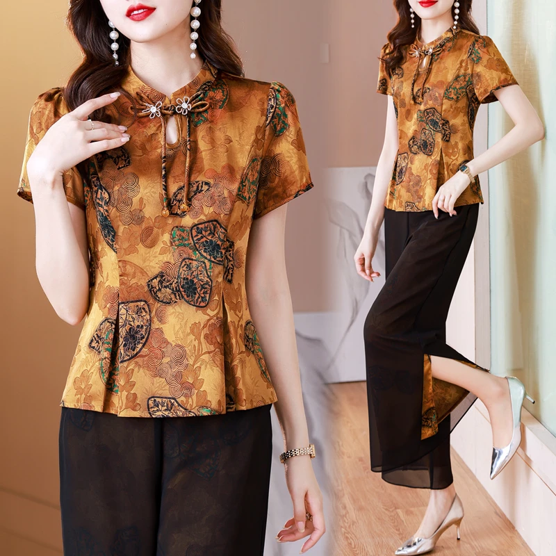 洋气植物立领中老年女装褶皱民族风中国风中式印花短款气质显瘦