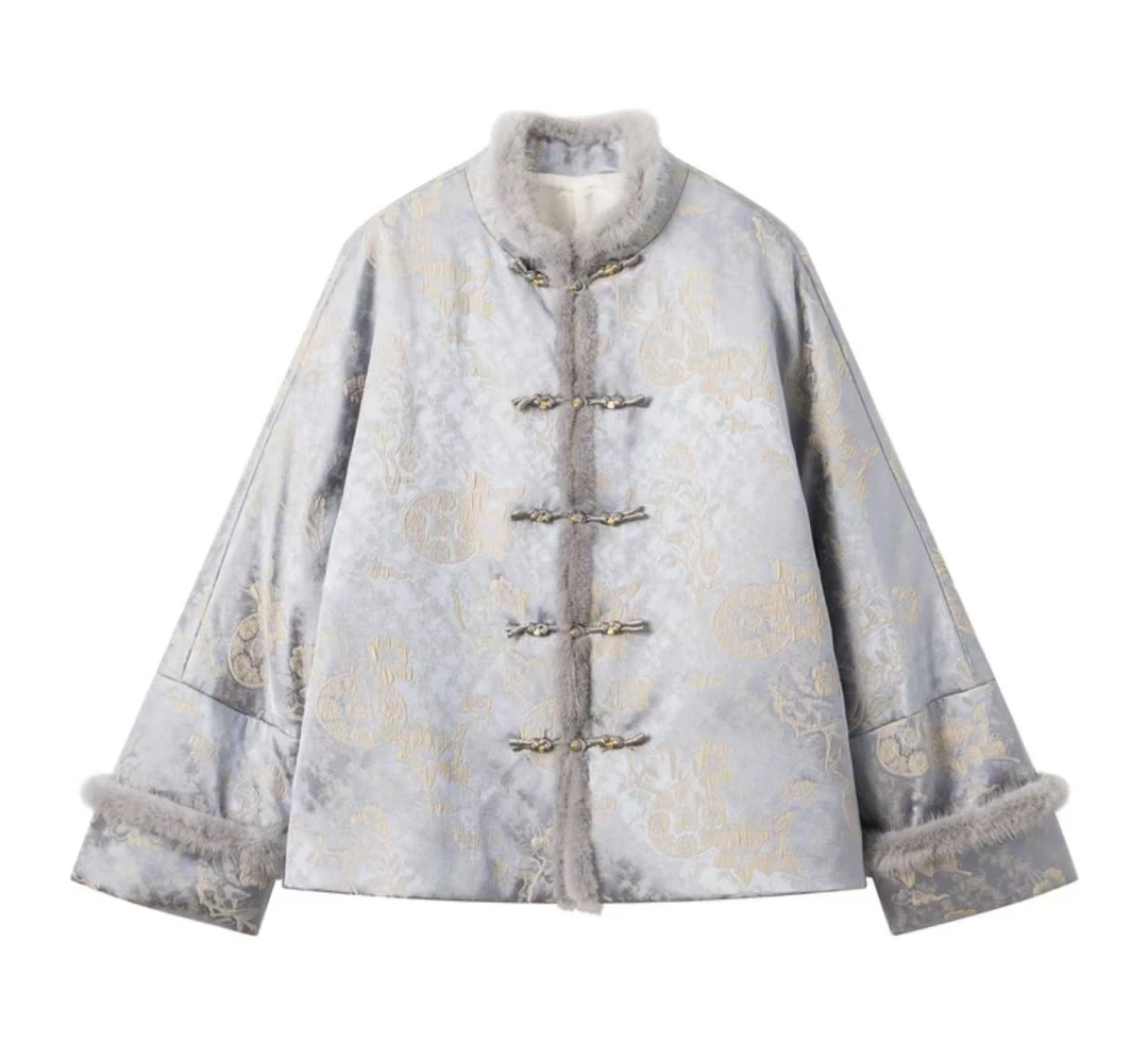 新中式重工刺绣拼接棉服女国风夹棉外套2024D2677-开开