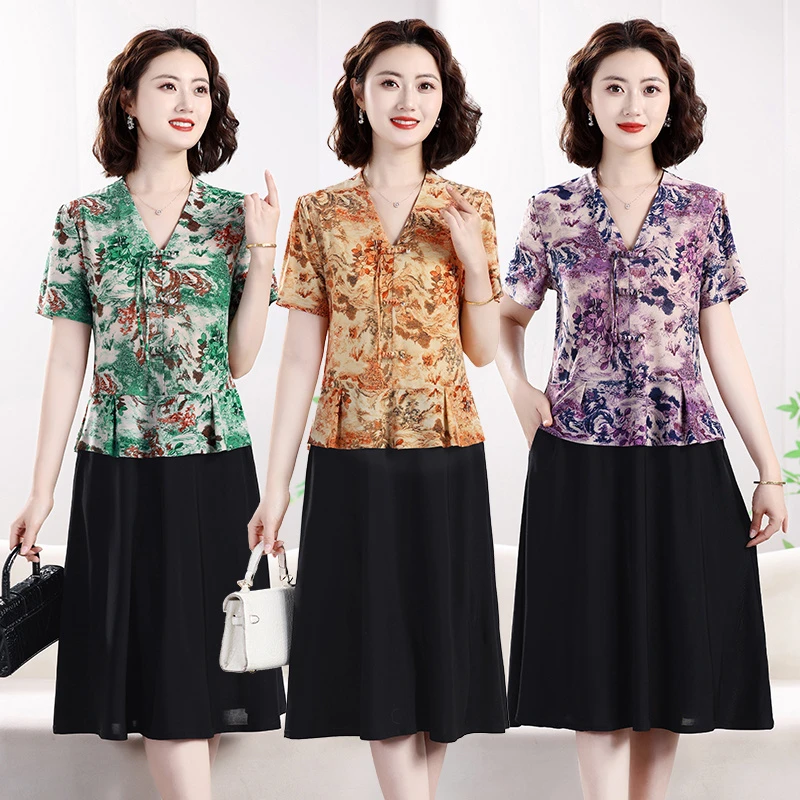 妈妈夏装夏季洋气短袖连衣裙新款中老年显瘦时尚假两件裙子有口袋