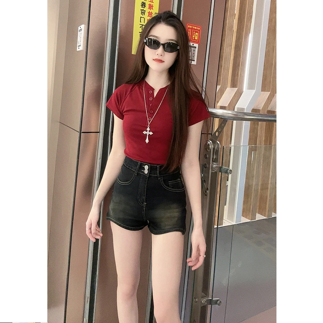 【现货24h+运险】初秋美式性感短牛百搭设计感高腰a字包臀显瘦美腿