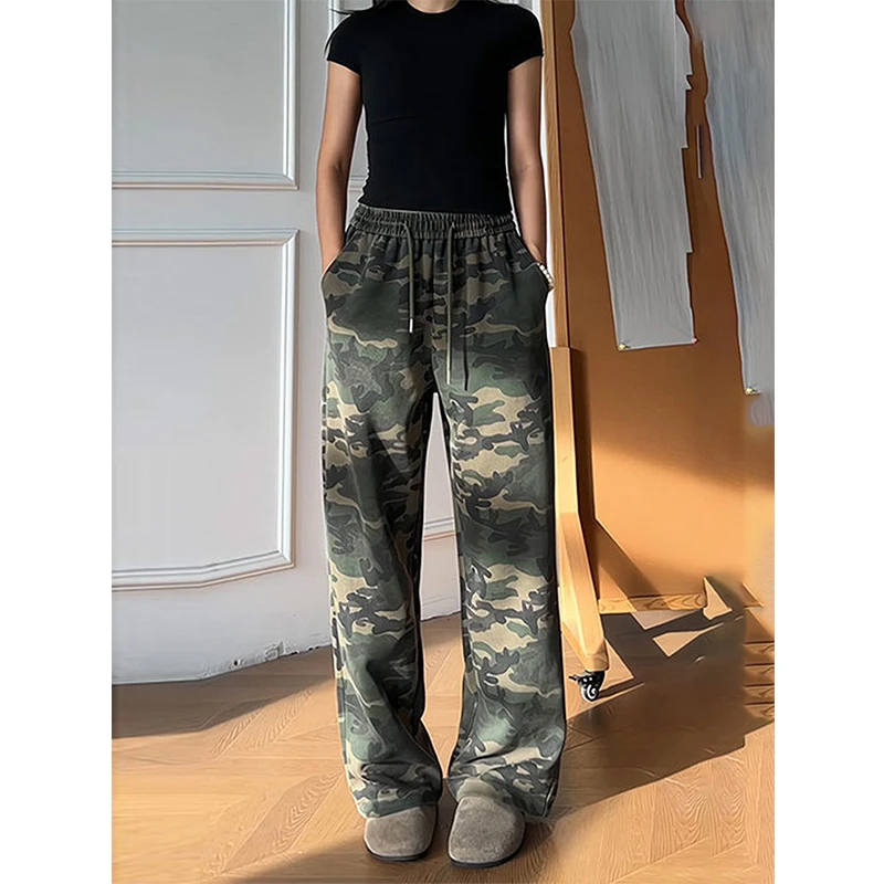 美式复古迷彩运动卫裤男女款重磅垂感直筒裤子cleanfit微喇休闲裤