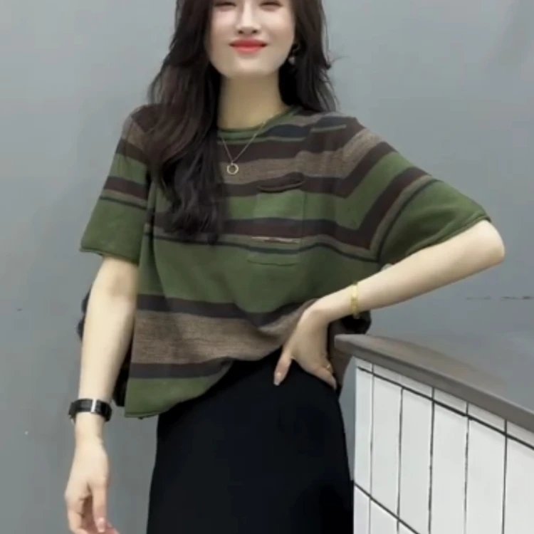 欧货复古圆领拼色短袖针织衫女装2025年夏季新款宽松显瘦减龄上衣