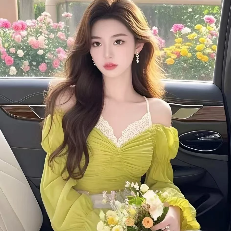 绿色露肩蕾丝领长袖衬衫女2025春季设计感小众超好看漂亮独特上衣