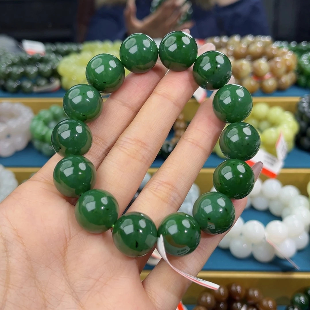 和田玉未镶嵌手链天然和田玉俄碧菠菜绿手串16