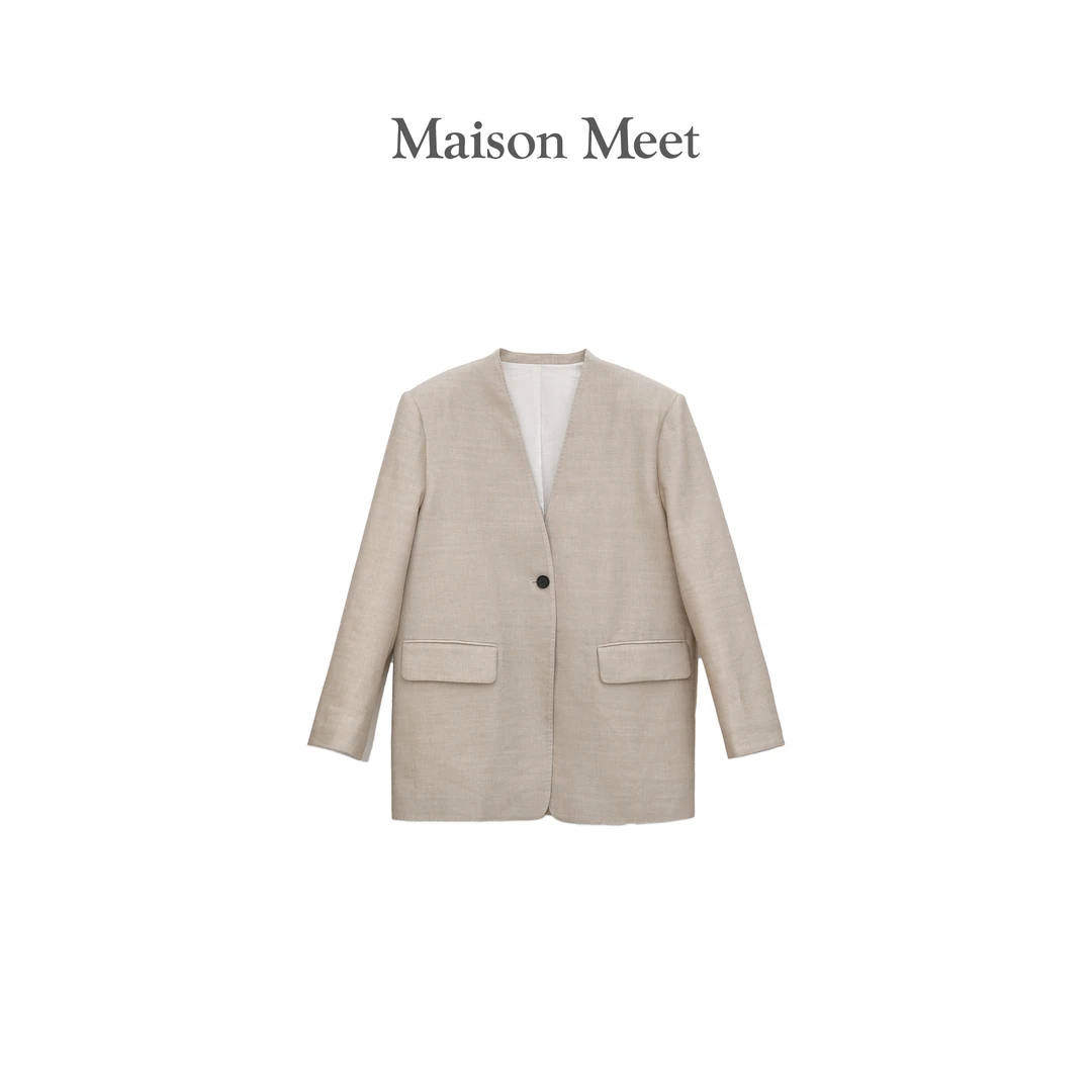Maison Meet早春极简无领西装外套女澳洲羊毛西服上衣V2054