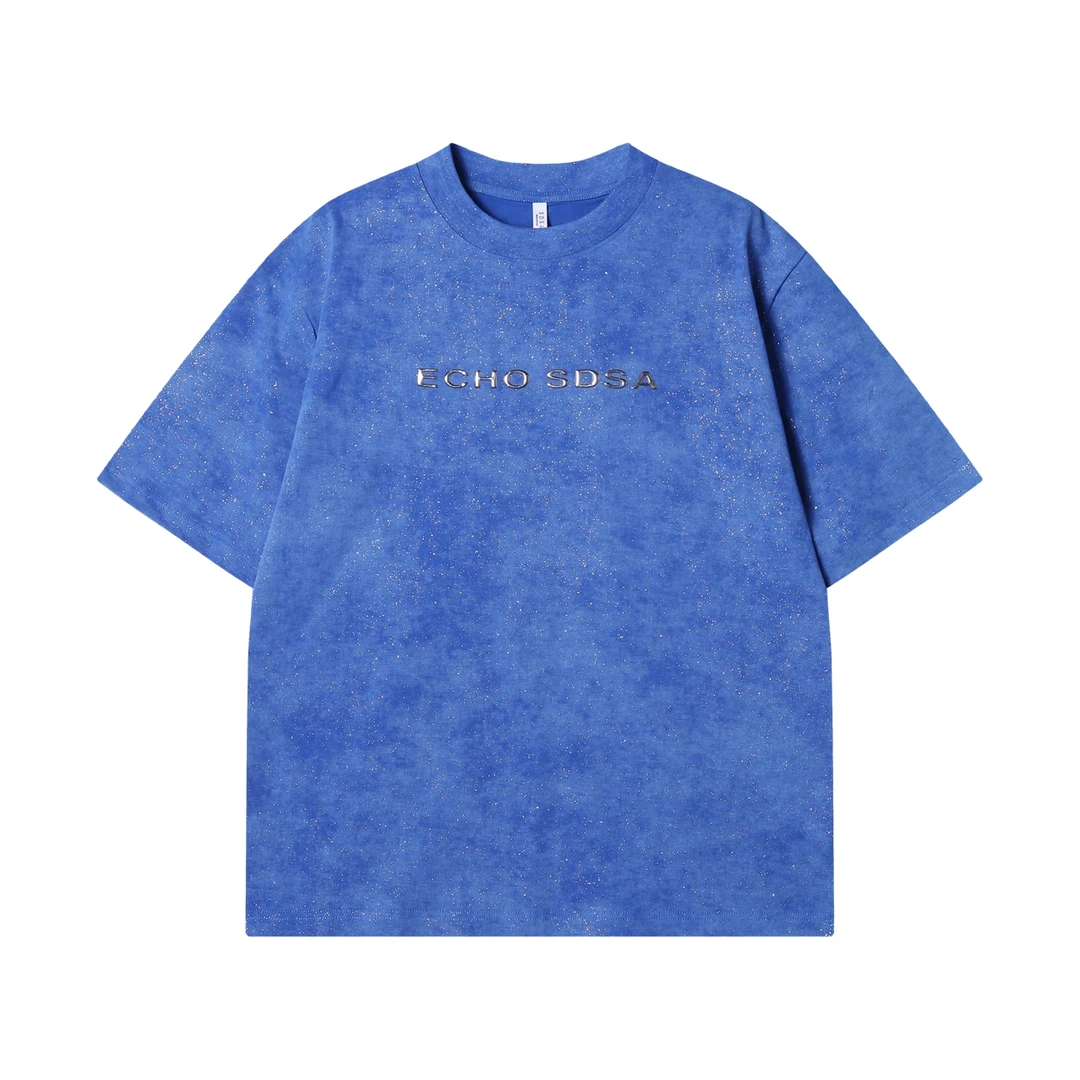 夏季高级感新款潮牌纯色满天星立体字母圆领短袖T恤休闲宽松潮流