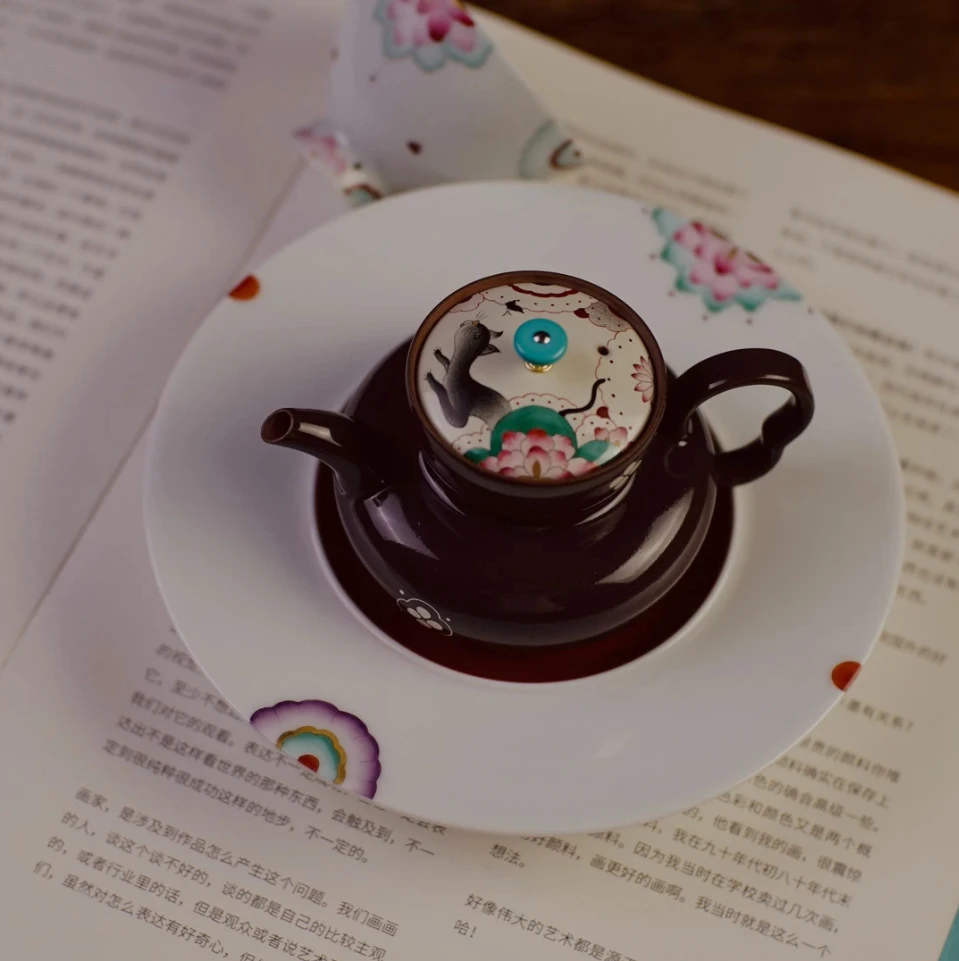 《梦乔茶器》三秋月手绘喵语花间紫砂壶陶瓷主人杯高温壶承赏盘陶瓷