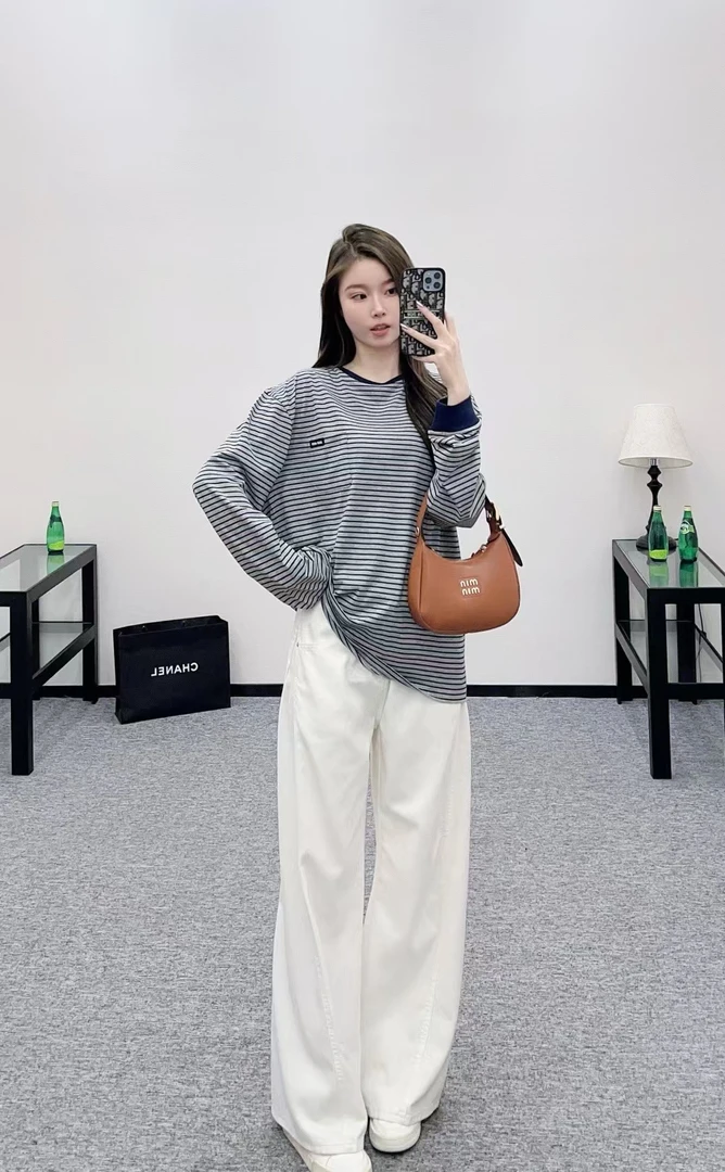♥Miu2025新品上架白色条纹休闲长袖T恤弹力舒适宽松廓形长袖裁剪