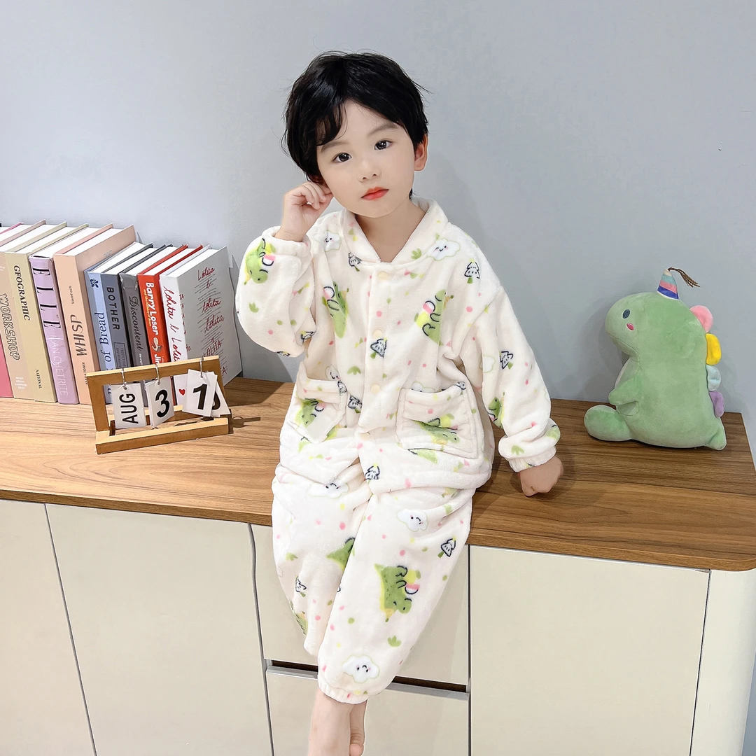 保暖男童睡衣套装秋冬季高品质法兰绒洋气卡通恐龙宝宝儿童家居服