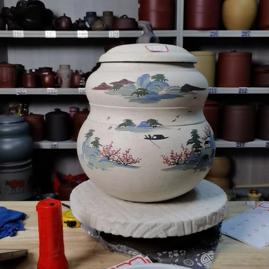 紫砂茶叶罐正品大葫芦白色山水7218