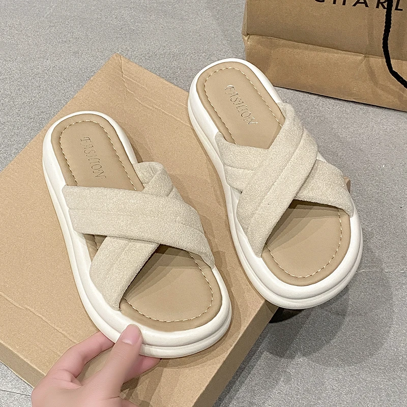 2025夏季新款编织交叉带绝美风时尚百搭外穿沙滩厚底舒适拖鞋-5CM