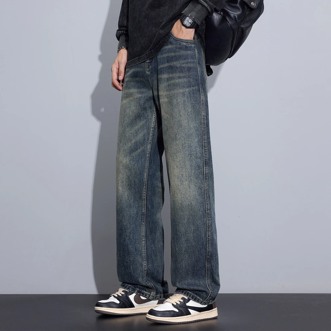 Kuvine男士牛仔裤2025秋季新款宽松直筒高街复古美式水洗阔腿裤子