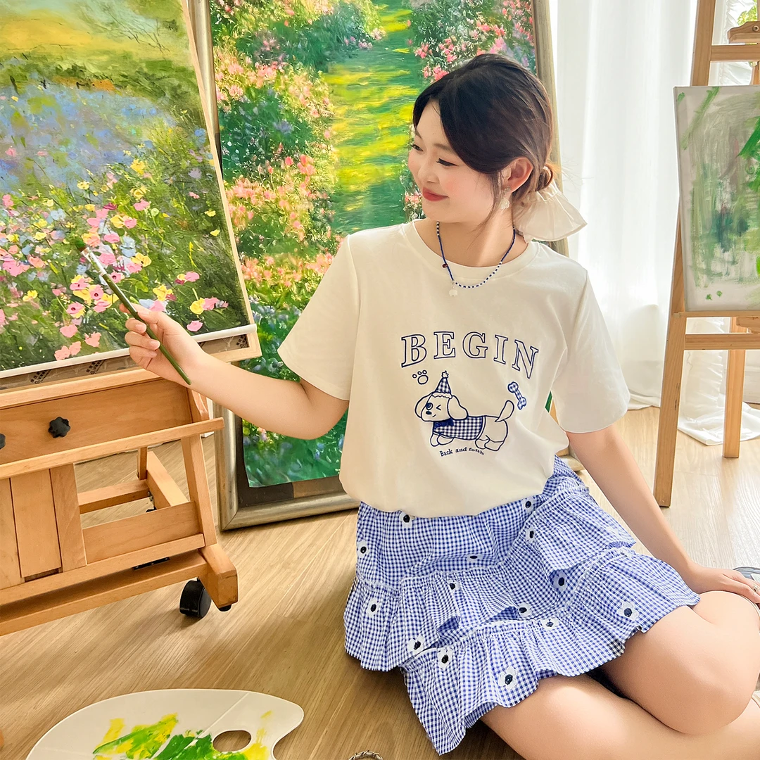 【夏至与你】运补-6-休闲 可爱小狗上衣T/半身裙套装 1609