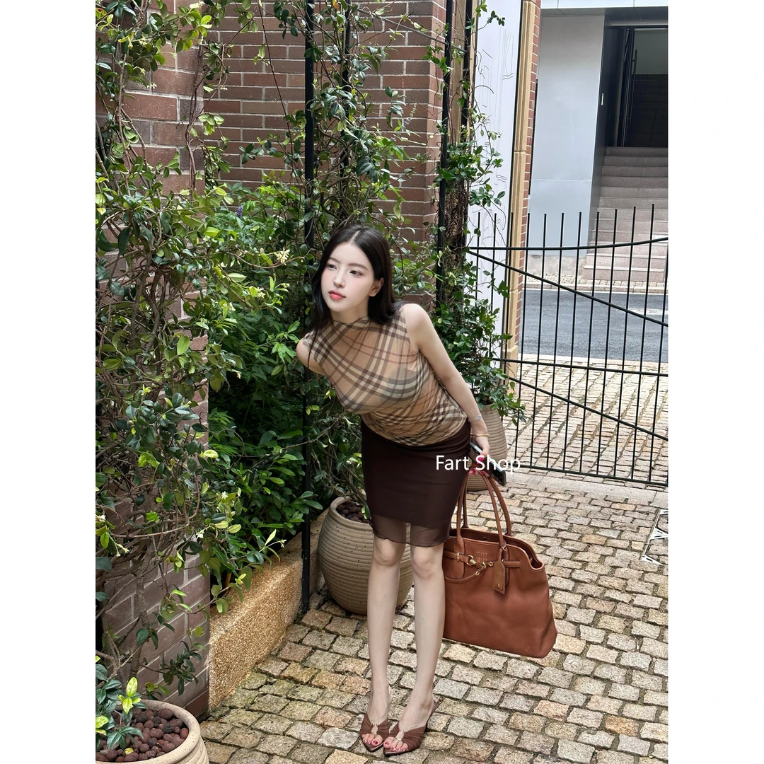 【Fart Shop】 经典格纹 半高领无袖高透轻薄背心收腰显瘦上衣女