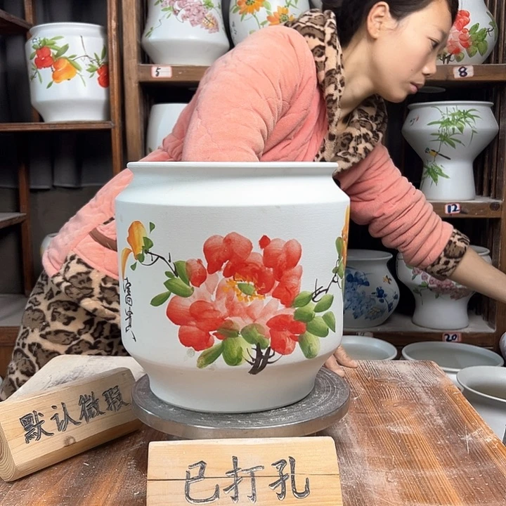 摆件电饭煲红牡丹陶瓷陶瓷