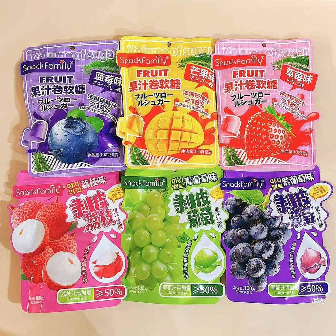 SnackFamily剥皮果汁软糖卷软糖多种水果口味味网红爆浆糖果
