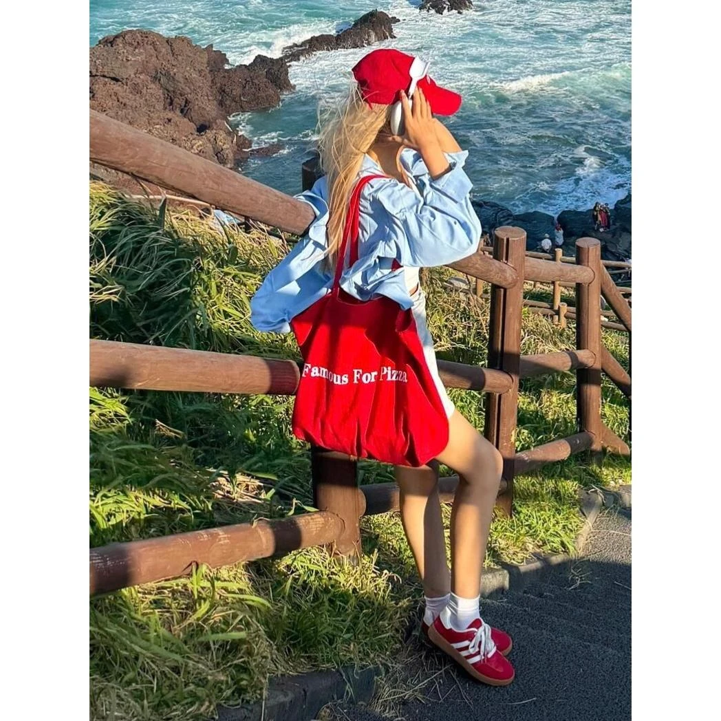 夏季新款小众字母帆布包韩系慵懒风大容量托特包早八通勤单肩包包