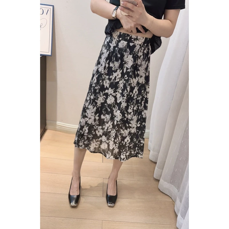 侧面开叉 后腰带松紧花色半身裙25192-2