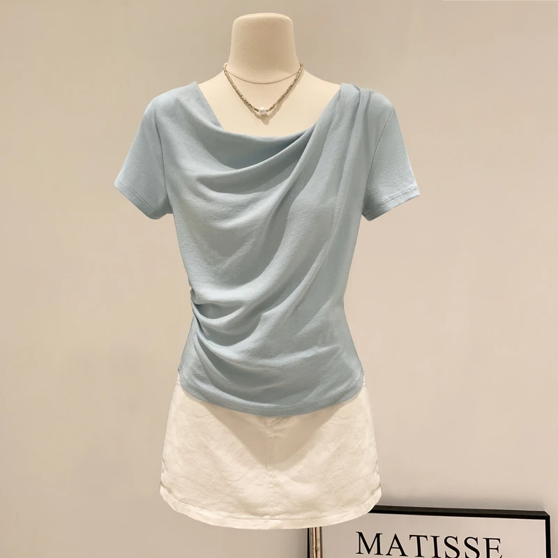 多巴胺纯欲荡领露肩短袖T恤女2025夏季设计感收腰抽褶小上衣