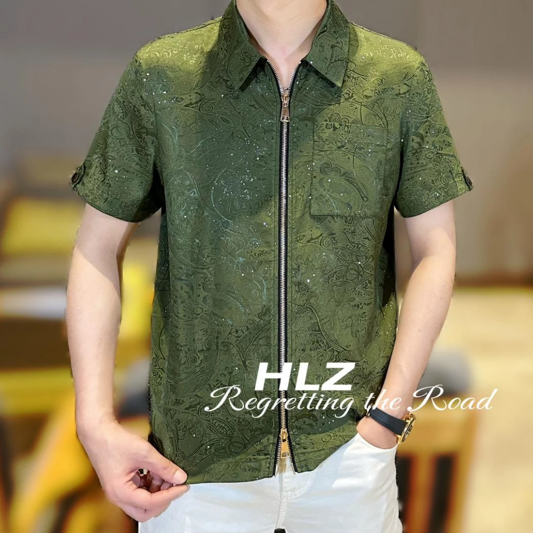 2025夏季新款男士休闲时尚洒金花朵雕花双拉链薄款翻领短袖衬衫