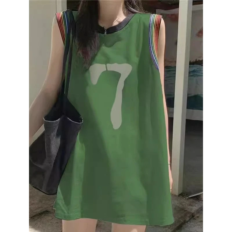 撞色背心无袖T恤女2025夏欧货多巴胺中长款外穿休闲宽松篮球上衣