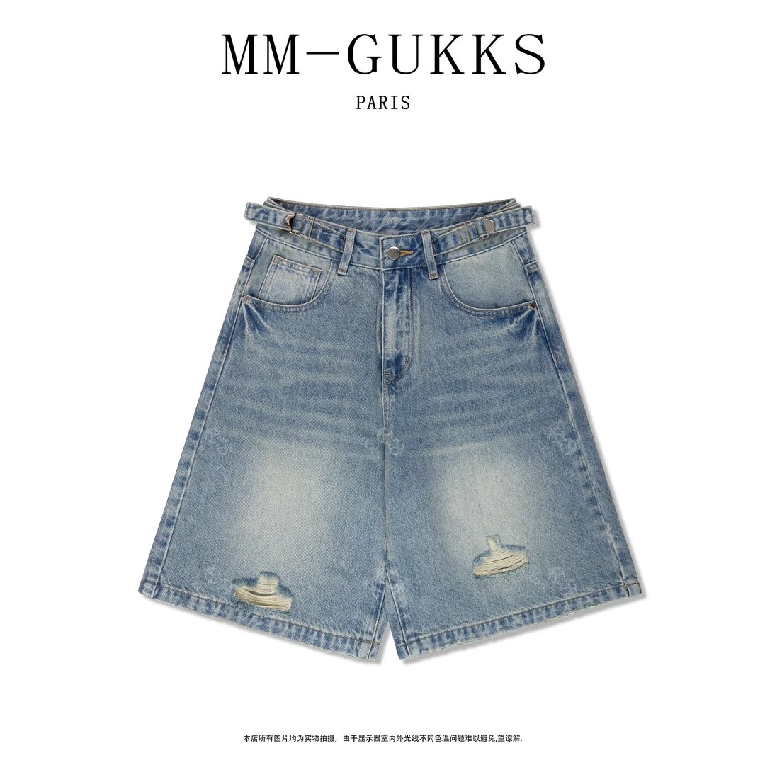 明明GUKKS『浅色软牛』夏季美式破洞做旧宽松牛仔五分短裤女