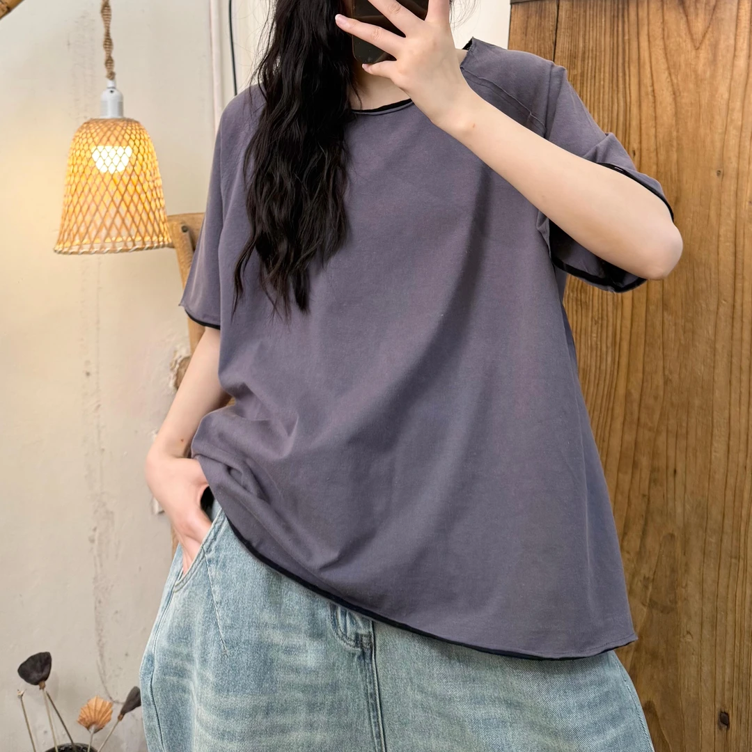 【半奏】休闲百搭简约风做旧针织棉撞色叠变圆领短袖 胸围130衣长65