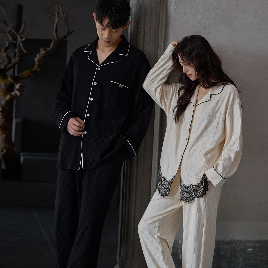 韩版情侣睡衣纯棉春秋季开衫宽松长袖花边高档女士家居服男士套装