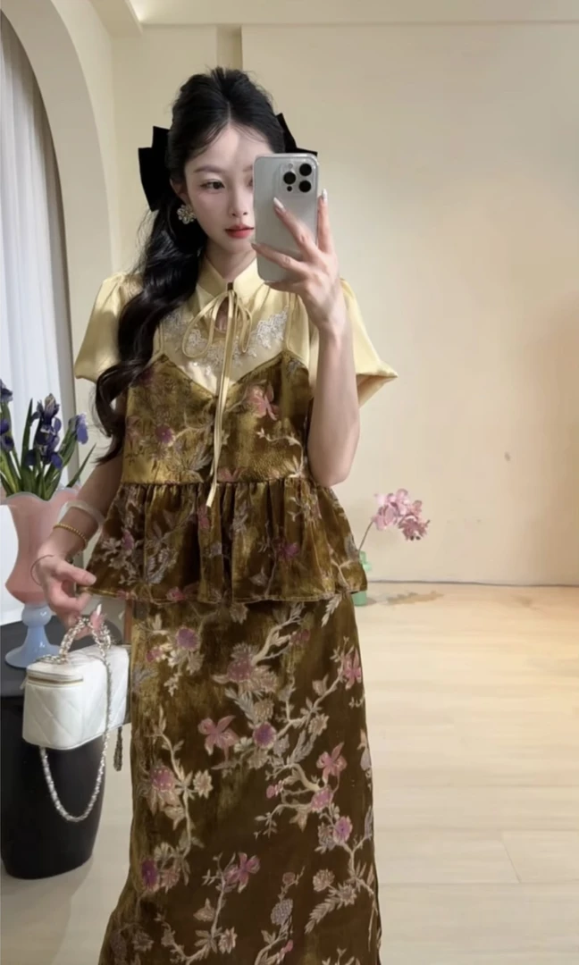 十一原创【典雅流光】套装 欧若风丝绒拼接刺绣小众时尚气质显瘦