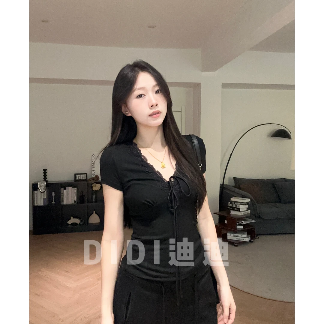 【DIDI】法式蕾丝拼接领系带T恤辣妹性感修身显瘦百搭纯欲上衣
