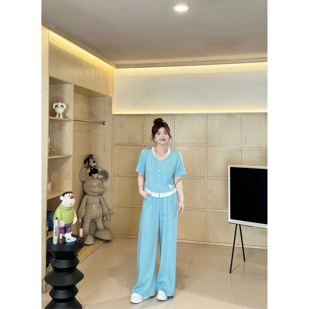 晶咕【休闲缓存条-裤子】韩系全松紧系带高腰直筒阔腿裤宽松