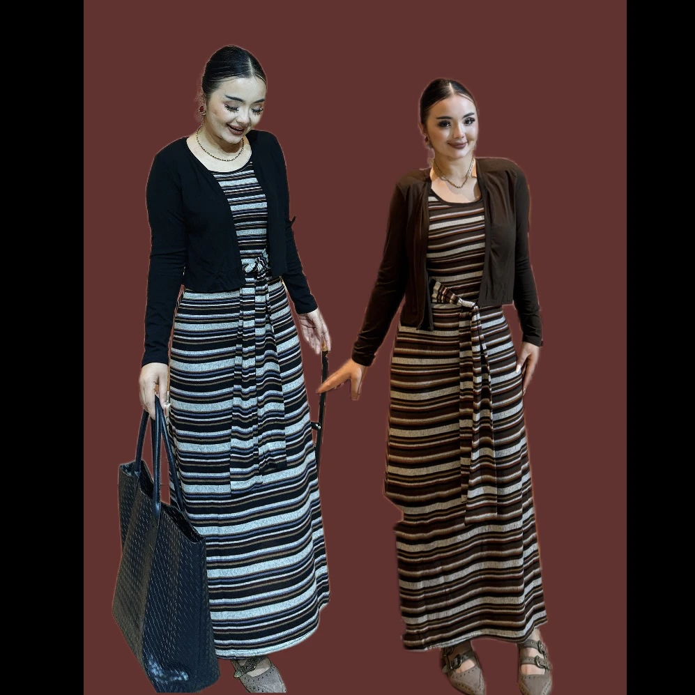 Rayhon秋季韩版设计感条纹背心裙搭配开衫套装