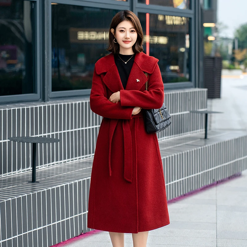 喜婆婆秋冬双面呢羊毛大衣长款西装喜庆婚宴中年女妈妈呢子外套
