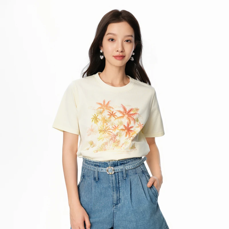 【落日椰林】慵懒氛围感印花休闲T恤宽松圆领DOUBLOVE贝爱夏季