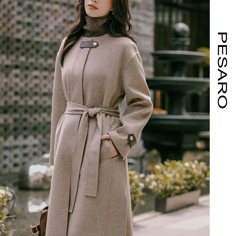 PESARO圆领长款羊绒大衣女 腰带收腰优雅外4209-9091