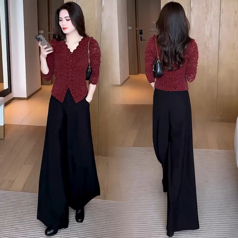 早春时尚套装女2025春季新款洋气显瘦V领蕾丝衫阔腿裤气质两件套